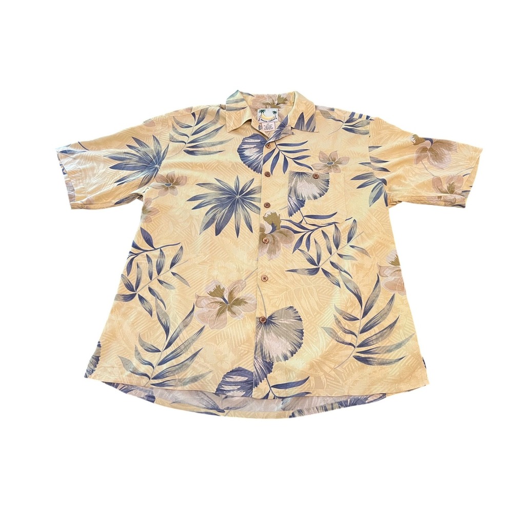 Banana Cabana Mens XL Silk Hawaiian Shirt Yellow Tropical Floral Palm Button Dow